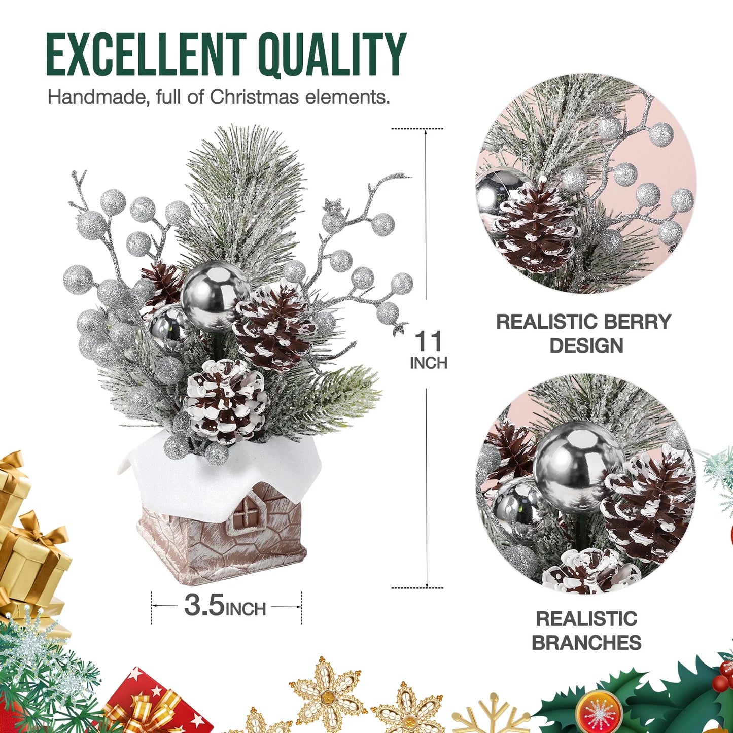 Mini Christmas Tree with Pine Cone Berry, Bottle Brush Christmas Trees for Christmas Decorations Indoor, Christmas Tabletop Decor Centerpiece | Round